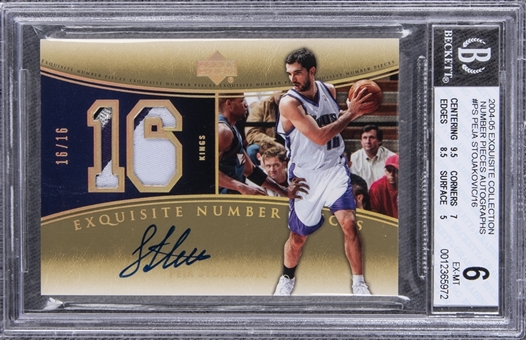 2004-05 UD "Exquisite Collection" Number Pieces Autographs #PS Peja Stojakovic Signed NBA All-Star Game Used Patch Card (#16/16) – BGS EX-MT 6/BGS 10